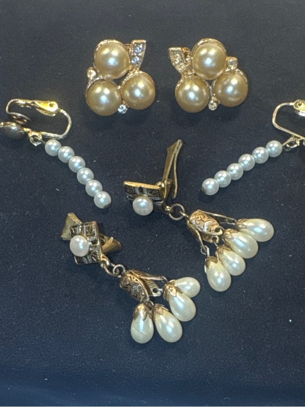 Vintage Pearl Earrings Bundle | Gold Tone Clip-On & Dangle Set